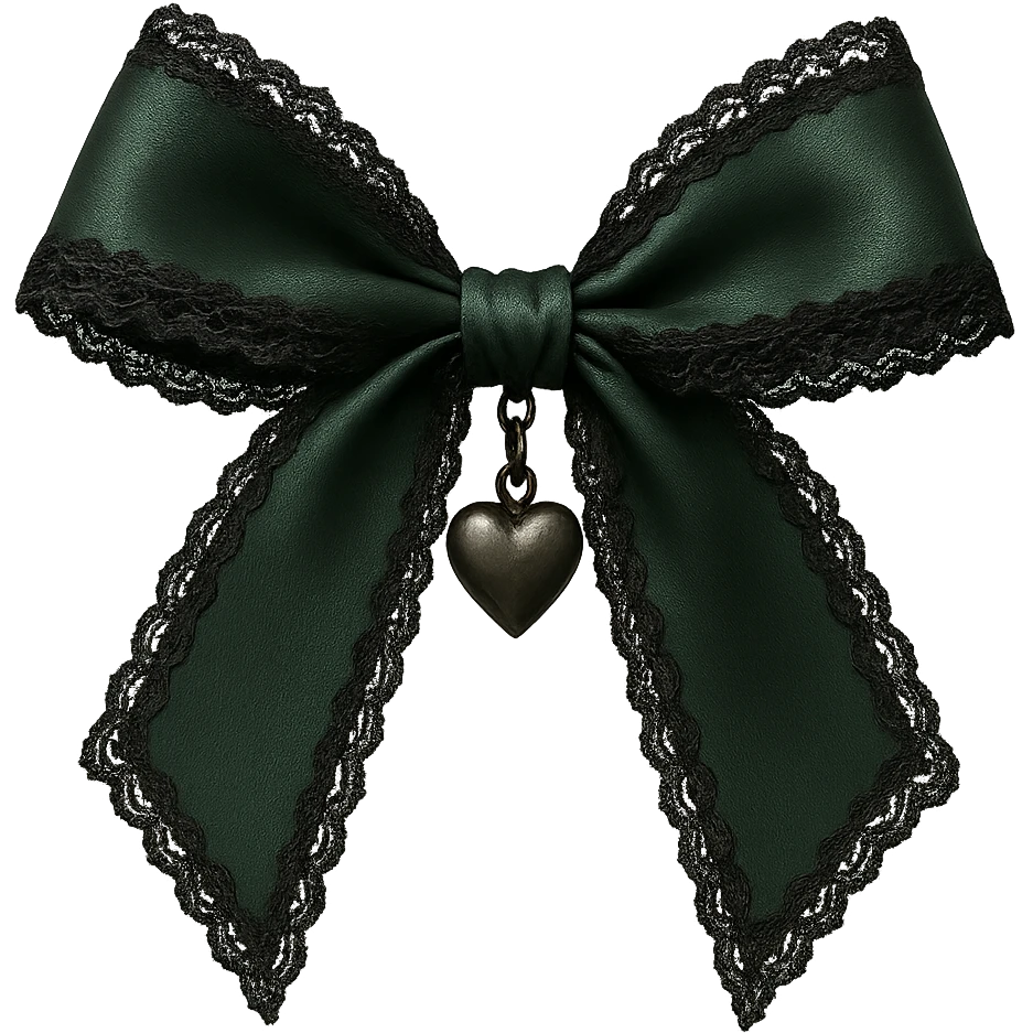 green gothic bow with black lace trim and heart charm, remove background emoji