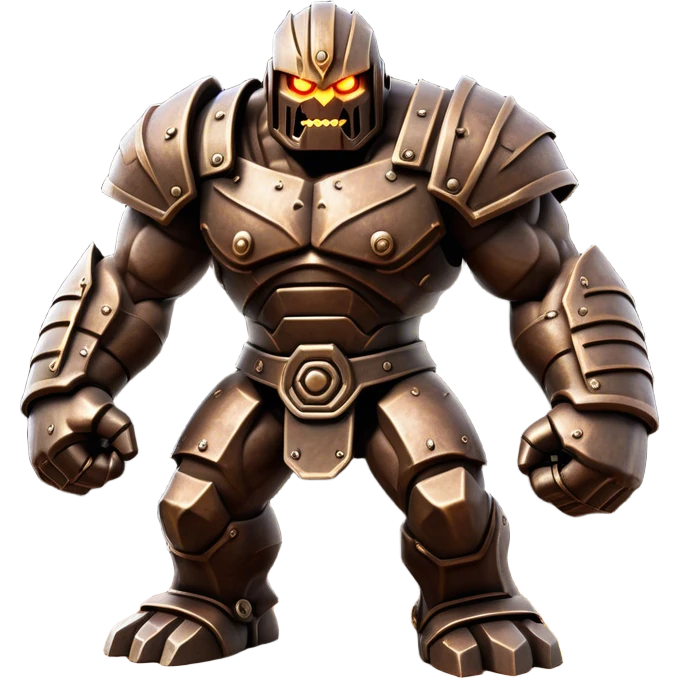 Cinematic Fierce Mighty Iron Golem Portrait Emoji Depicted mid-action in a dynamic, battle-ready stance, massive fists clenched, the ancient metallic plates along its form shifting with raw power. Its eyes blaze like molten fire within a carved, rune-etched face, exuding both divine purpose and mechanical precision. Weathered steel and dark bronze tones are accented by glowing, arcane inscriptions, each detail meticulously crafted with lifelike metallic reflections. High shine, imposing yet regal, styled with an air of indestructible might, soft glowing outline, capturing the essence of an unstoppable colossus that looks ready to charge forth with a thunderous step! emoji