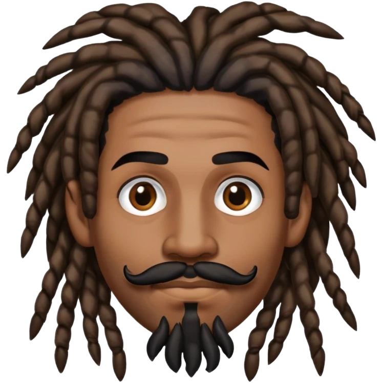 black and brown dreads, brown skin, regular black eyebrows, black eyes, mustache with cut in the middle emoji