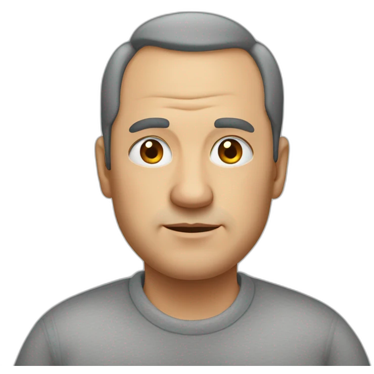 a man in his 50s with a receding hairline and obesity in a gray sweatshirt looks with a squint. emoji