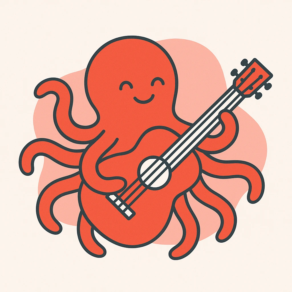 happy octopus with multiple arms playing guitar emoji