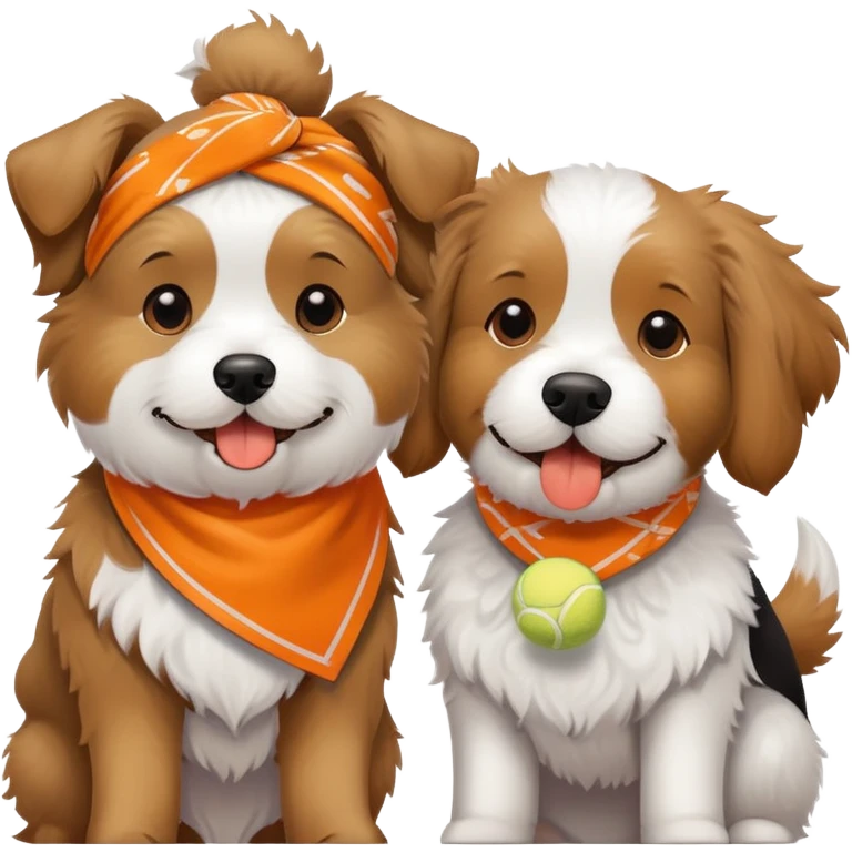 Two playful doodle-like dogs, one light brown with a tennis ball in its mouth, the other black and white with an orange bandana emoji