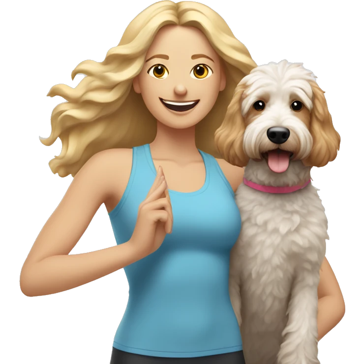 woman with long blonde hair expressing joy dressed in a yoga outfit alongside a tri-colored bernadoodle dog emoji