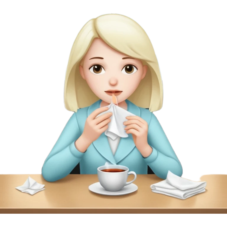 хвора дівчина сидить в офісі за столом, у неї в руках хустинка, на столі серветки, чай emoji
