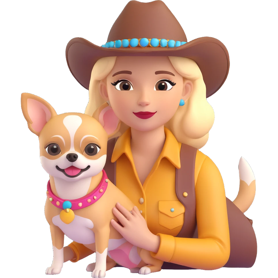 femme cowboy avec son chihuahua, chapeau brillant emoji