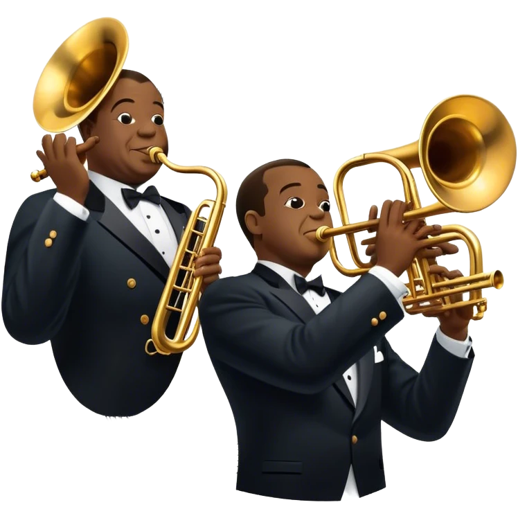 Icon for Jazz Music: collage of Louis Armstrong with his trumpet and Glenn Miller with his orchestra. Silhouettes of musicians, brass instruments, and musical notes. The design should convey the classic, smooth vibe of jazz. Transparent background. emoji