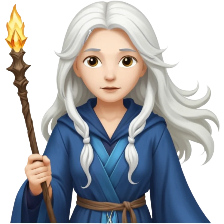 White Long Haired Women, Sorceress with staff — flowing white hair, calm face. emoji