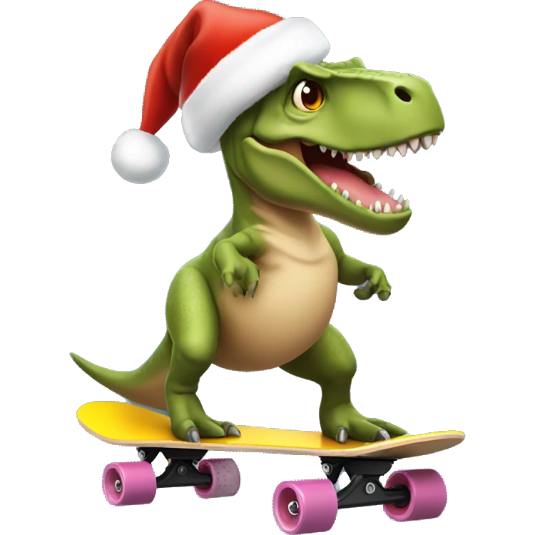 Trex on a skateboard wearing a Santa hat emoji