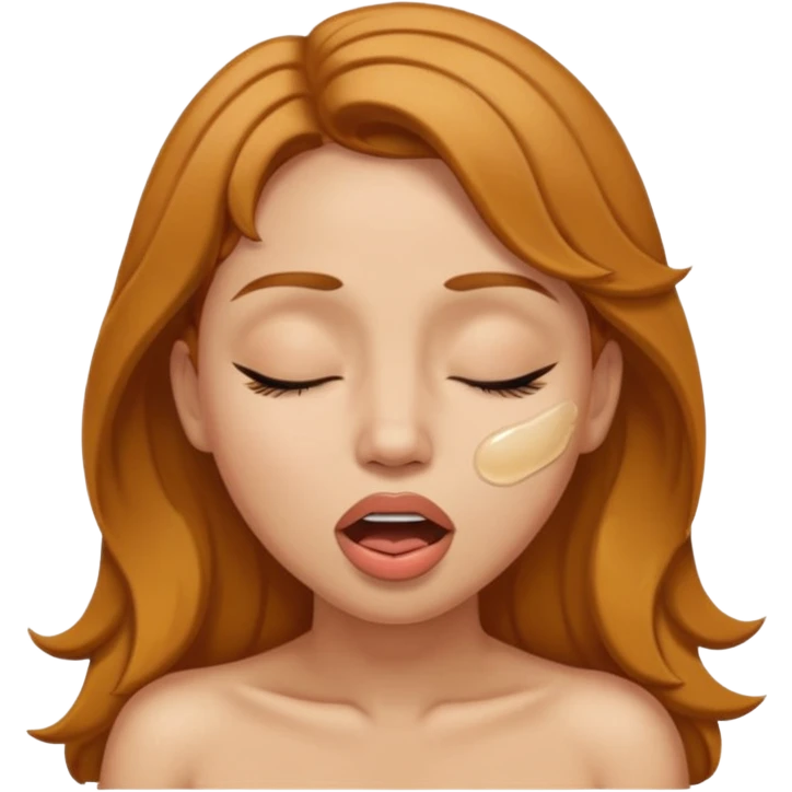 A light-skinned naked adult female with golden-brown hair, with eyes closed and mouth open with white thick fluid on her lips and left cheek. emoji