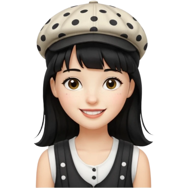pinterst girl with heavy bang, black long strait hair and black pica dot newsboy cap on her hat, wearing white sleeveless  emoji