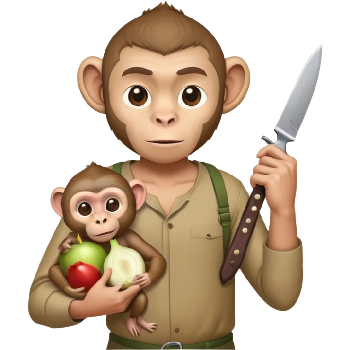 macaco com um um homem nas costas e com uma faca na mão querendo corta a cebol emoji