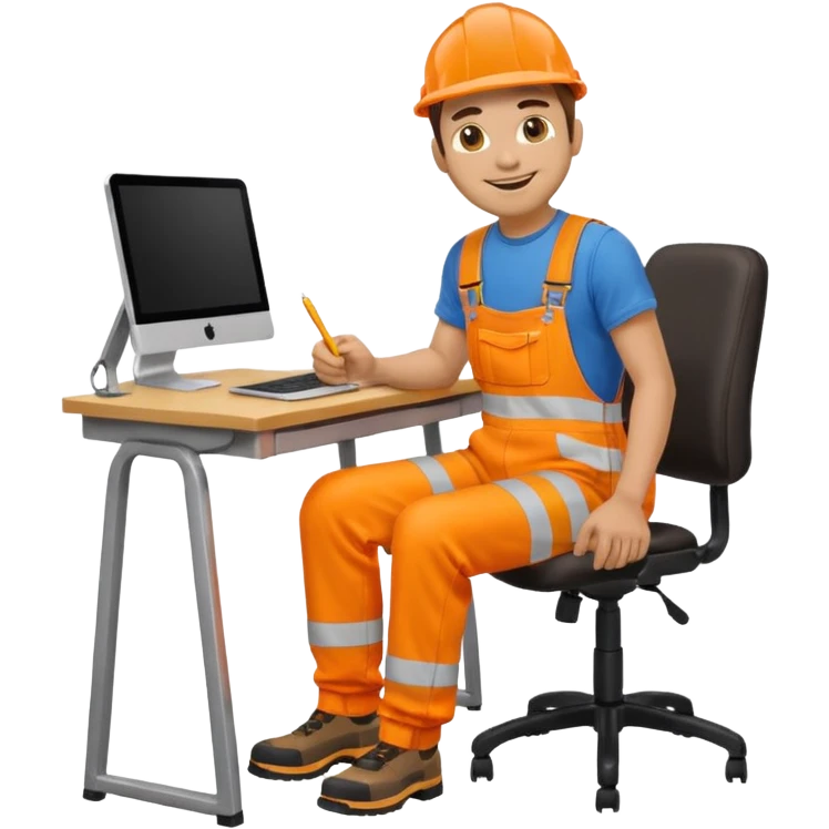 full body view of a man sitting at a desk wearing orange hi visibility overalls, emoji style emoji