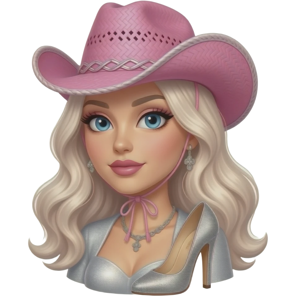 Silver glitter high heels -hold up thigh high stockings female- pink cowboy hat - sexy emoji