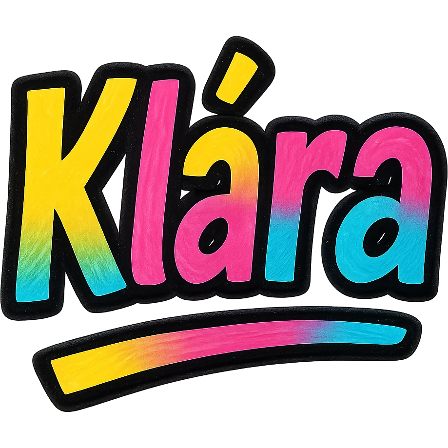 Klára name in modern colorful gradient font with dark outline, dynamic slanted or partial underline, in the style of reference patterns emoji