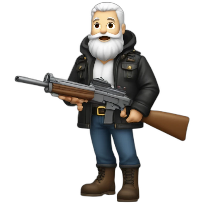 biff wiff santa beard wearing a leather jacket (full body, ios17) holding a large automatic rifle emoji