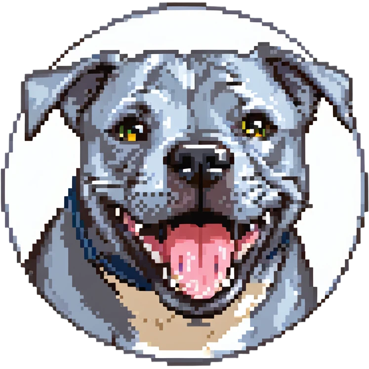 round circle puppy head only, full grey bleu staffy, big open mouth, big tongue out, stupid expression emoji