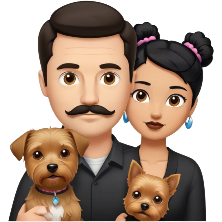 Tall white man with dark hair mustache goatee, and short woman with black hair bun, and a yorkshire terrier dog emoji