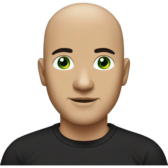 bald young guy with white eyebrows, green eyes and in black t-shirt emoji