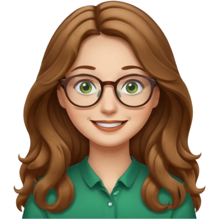 long wavy light brown hair woman with green eyes and glasses smiling closed mouth. middle part hair.  emoji