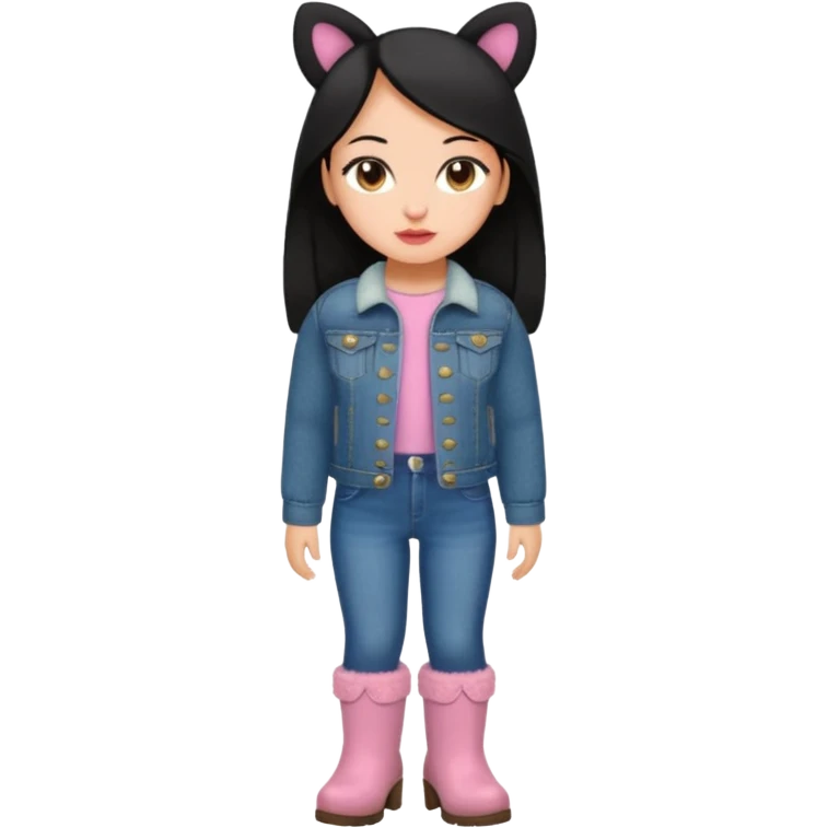 Gordita, ojos pequeños de color cafe oscuro, labios pequeños y rosados, piel trigueña, orejas pequeñas, cabello largo lazio y negro, pequeña. cuerpo completo. vestida con saco de lana jean y botas color café sin orejas emoji