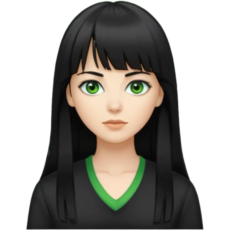 A white woman with Long straight hair with bangs, black hair, green eyes and a black low-cut shirt emoji
