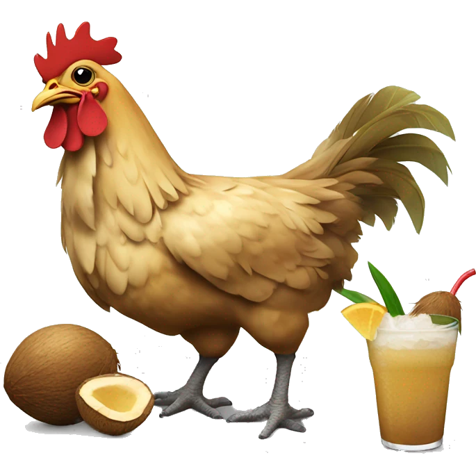 chicken with coconuts on their chest and a drink with crocs on the legs and their lying down emoji