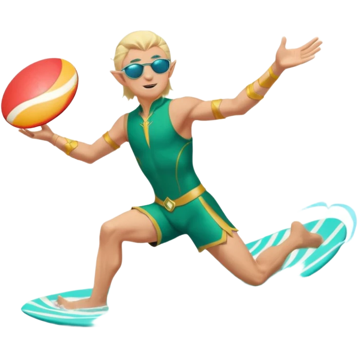 elf male legolas launching a frisbee woven from pure sunlight, wearing sporty teal swim shorts and performance sunglasses, athletic pose, pointy ears, dynamic motion lines, beach sky backdrop, centered emoji emoji