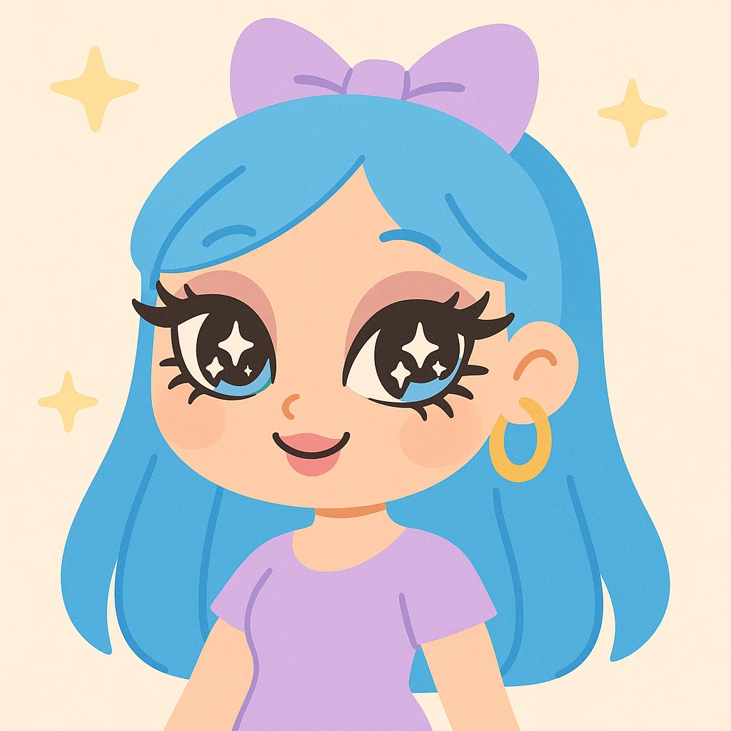 gyaru style girl with blue hair, dramatic makeup, bratz doll inspired, vibrant and cute anime style emoji