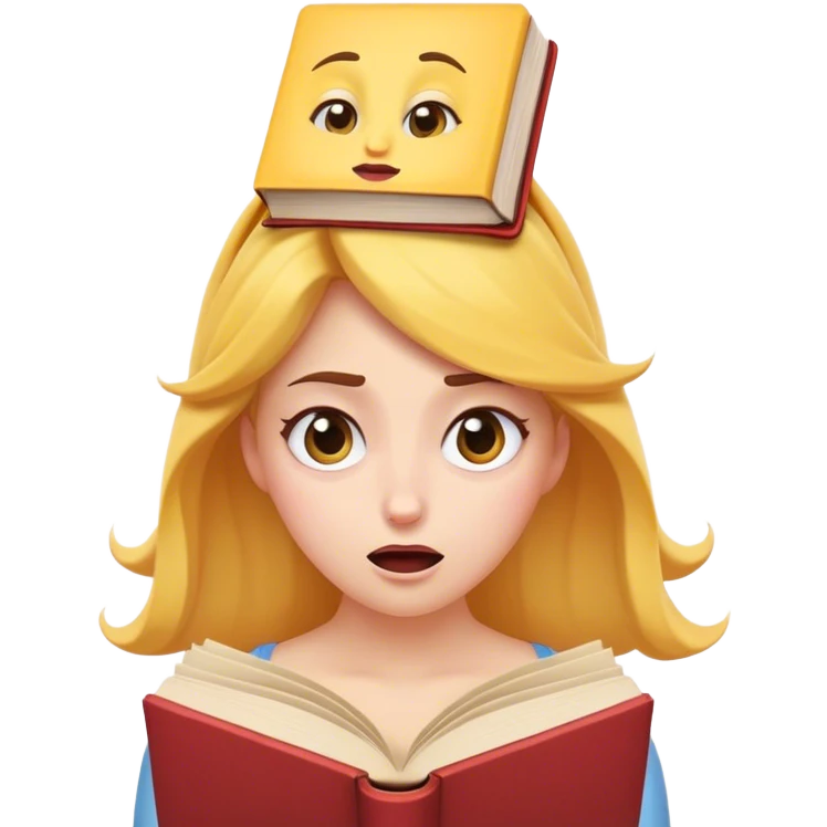 Cinematic Funny Belle Portrait Emoji, Looking exasperated as a book lands on her head, one eye twitching, caught in a hilariously relatable moment of book-lover clumsiness! emoji