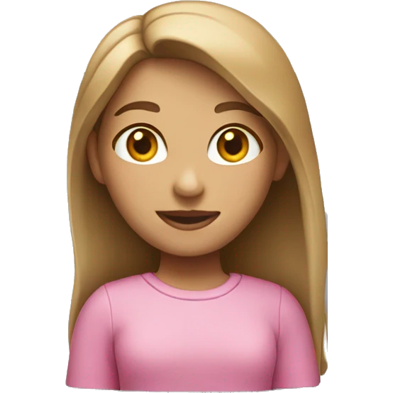A girl with light brown hair and a pink shirt standing behind a macbook emoji