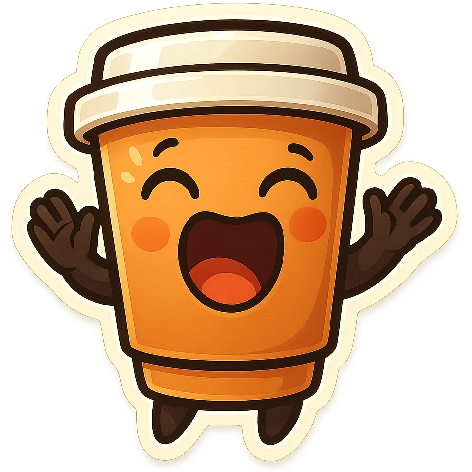 Tall coffee cup, dramatic, laughing, hands up in defense emoji