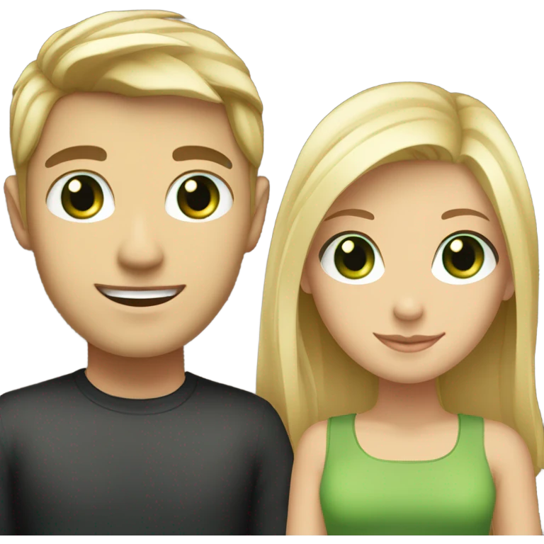 Blonde girl with green eyes smiling with her boyfriend who is tall and has black hair and brown eyes emoji