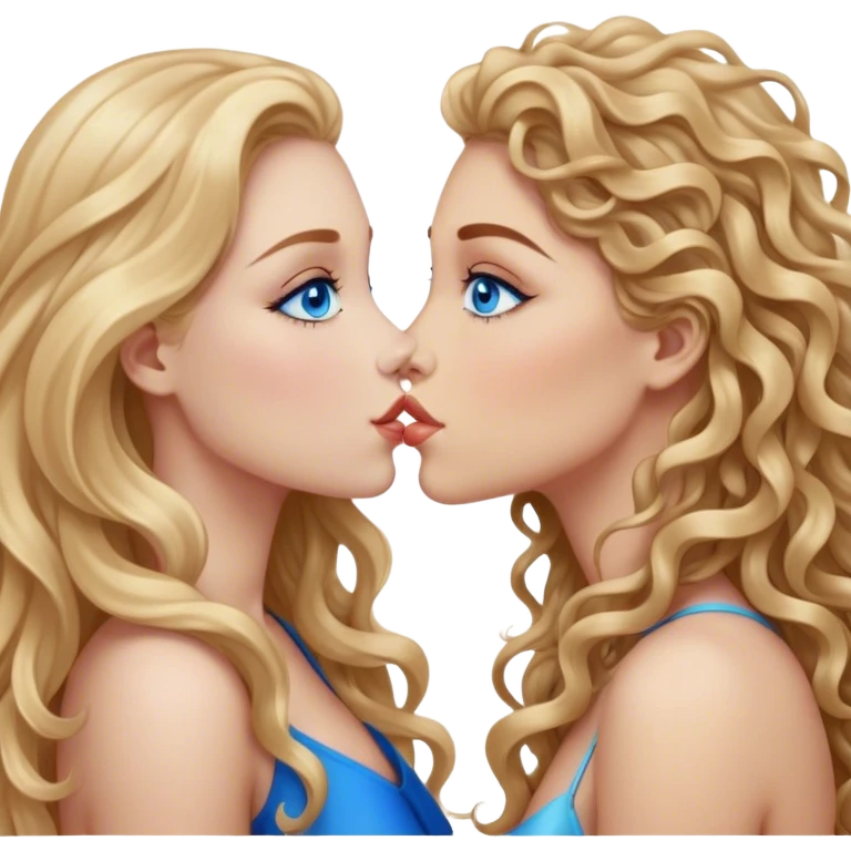 beautiful woman, long curly blonde hair, blue eyes kissing beautiful woman, long straight brown hair, blue eyes,  emoji