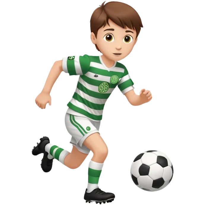 Celtic footballer jersey logo  6 years old brown hair white boy , brown eyes , stripes uniform , RUNNING  with soccer ball # 17 celtic football logo PUT ONLY ONE LOGO ONE CELTIC LOGO ONLY white shorts emoji