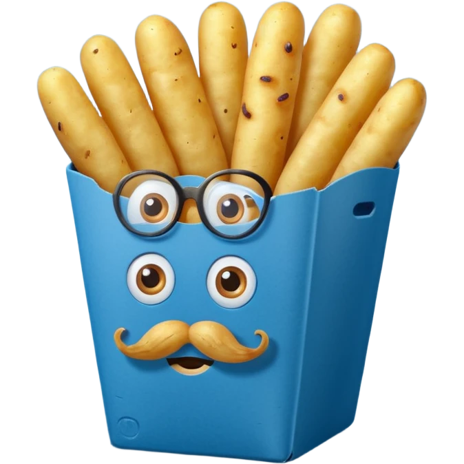 long slim fried potatoes in a blue carton, carton has eyes and mustache emoji