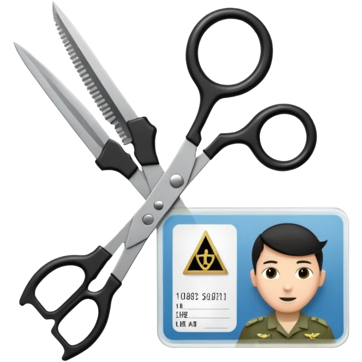 Floating black Scissors cutting in half an idf soldier ID card with a little chip in 2 parts emoji