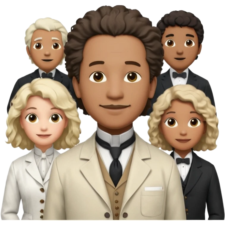 Generate in realistic style Franklin, Edison, Ford in the first row, Einstein, Jobs and Musk in the second behind them. png on transparent background emoji