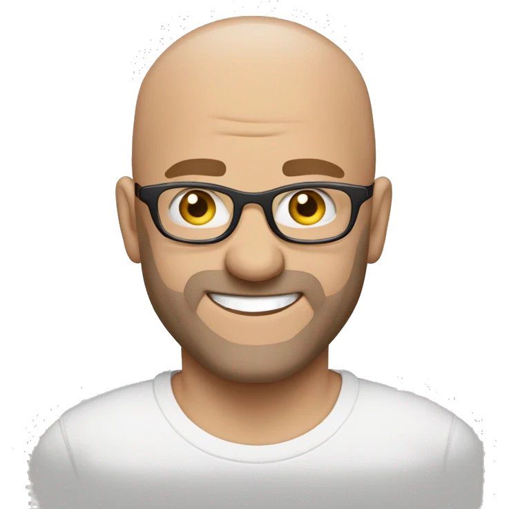 white hazel eyed bald facial hair guy with glasses and white t-shirt smiling emoji