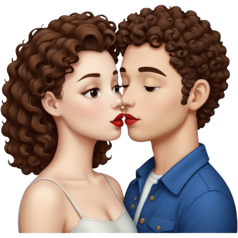 A couple kissing, the man would be white-skinned, mid fade-curly, brown-hair. The serious woman with white skin, brown color emoji