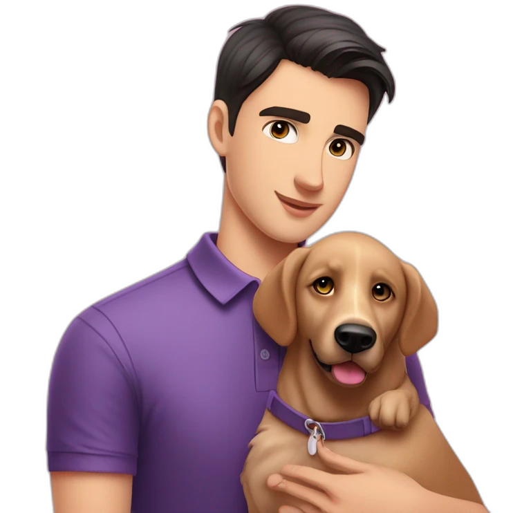 young handsome man with straight short dark hair and dark eyes with large eyelashes and plump pink lips protruding cheekbones in a sports polo shirt hugs a dog emoji