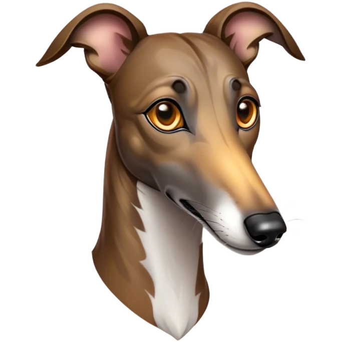 Cinematic Noble Brindle Greyhound Portrait Emoji, Poised and regal, with a slender, aerodynamic build and a refined brindle Fur, deep-set soulful eyes, Simplified yet sharp and sophisticated features, highly detailed, glowing with a soft, dignified glow, high shine, intelligent and agile, stylized with an air of elegance, focused and attentive, soft glowing outline, capturing the essence of a watchful and graceful racer, so majestic it feels as though it could dash out of the screen with effortless authority! emoji