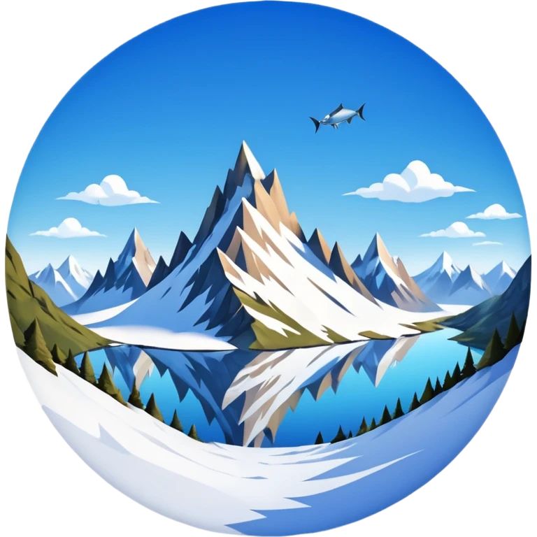 a snowy mountain landscape with jagged peaks and a clear sky, fish eye lens effect emoji