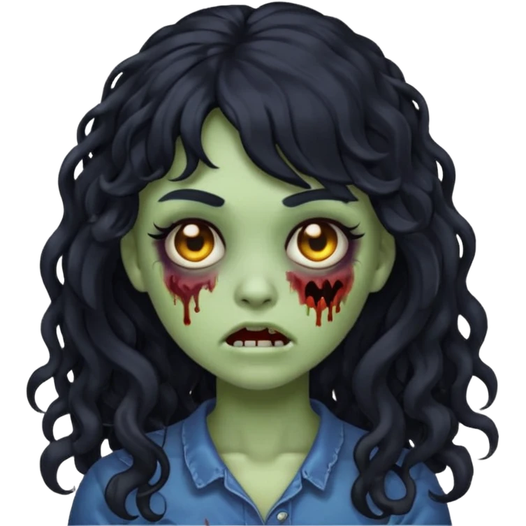 Emoji garota zombie com cabelo preto cacheado longo com franja emoji