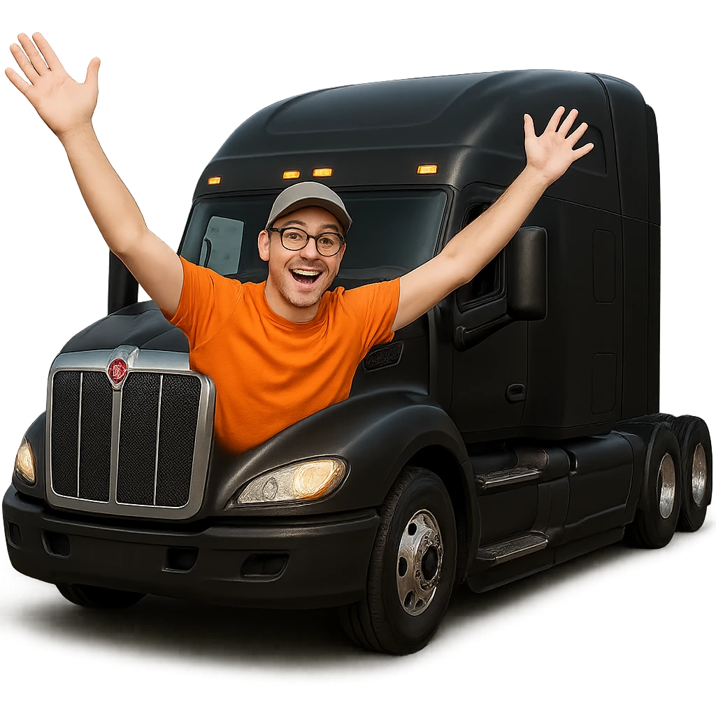 Create a realistic style image of the man from the previous image hanging out the window of a black Kenworth W680 sleeper semi truck, with his arms up in the air. The background should be transparent. emoji