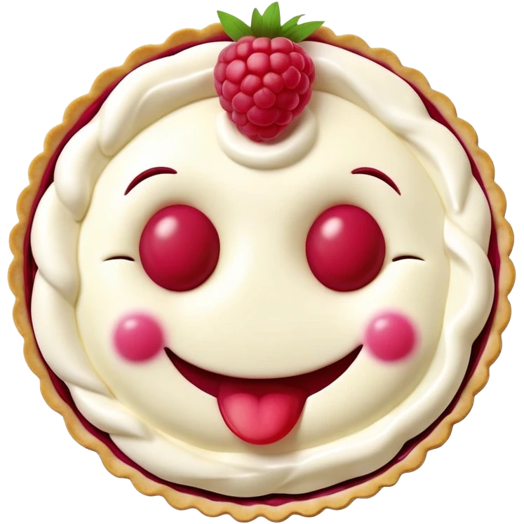 Raspberry cream pie with fresh raspberries on top in the shape of a smiley face emoji