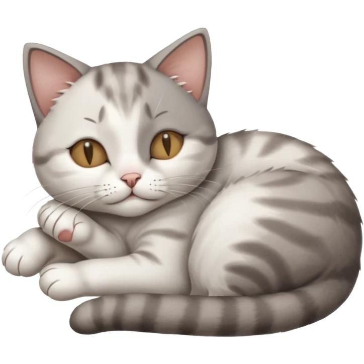 grey and white small cat with its eyes closed lying down leaning on his elbow with his paw curled under his head holding it up emoji