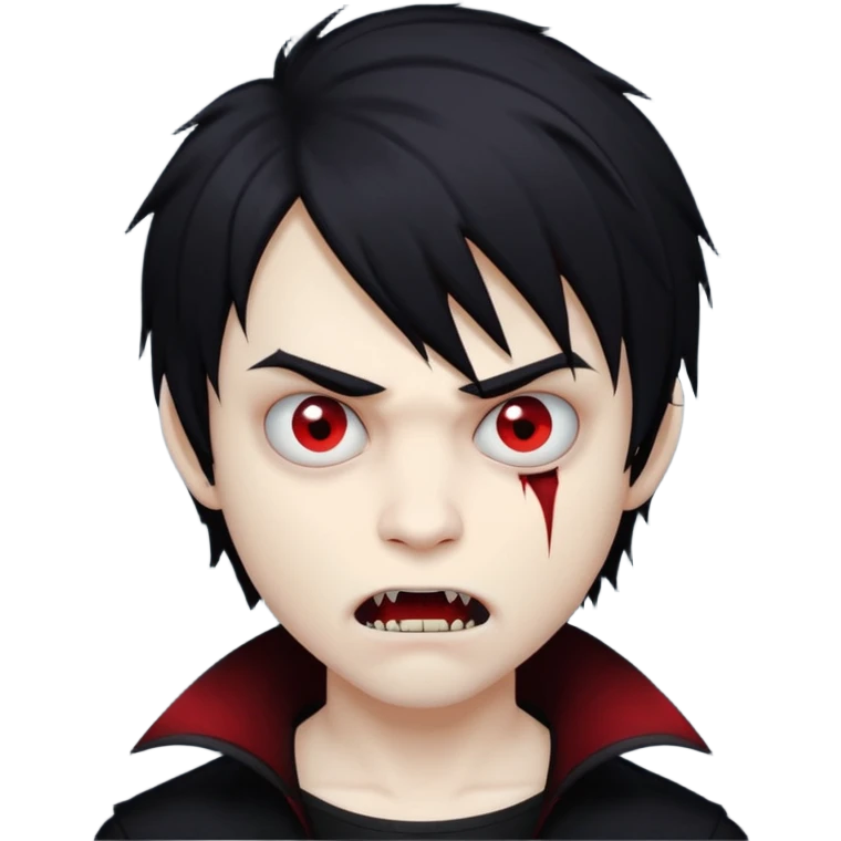 boy vampire with black medium-long emo shaggy hair, dark and spooky, creepy expression emoji
