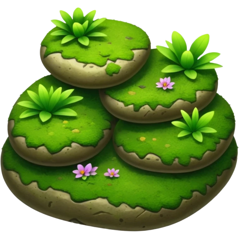 A patch of bright moss covering smooth forest stones with wild plants emoji