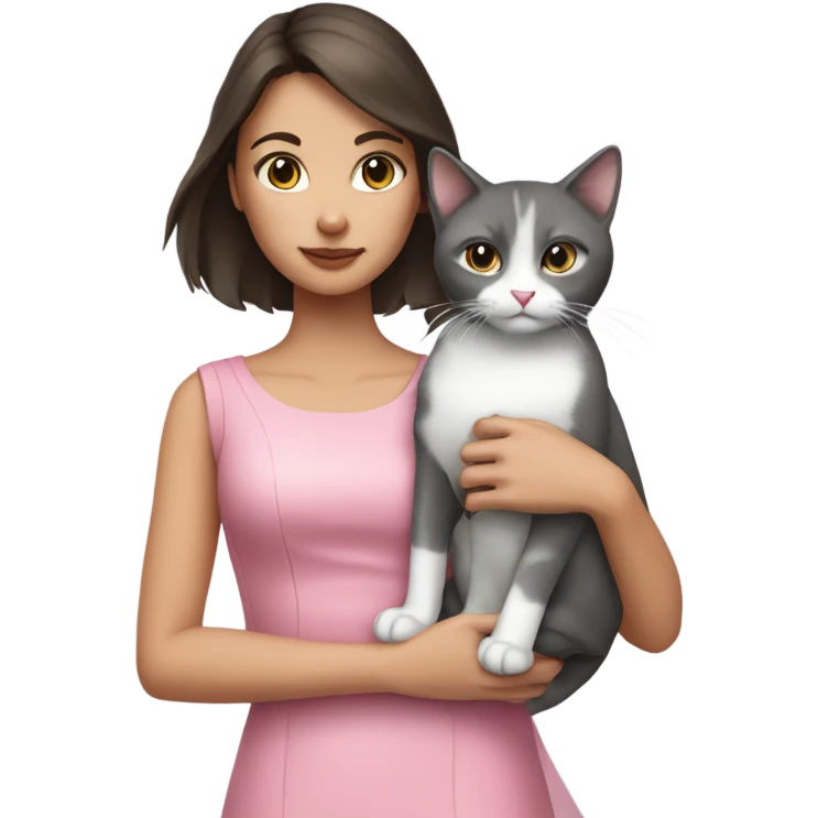 Brunette girl in pink dress holding grey and white cat emoji