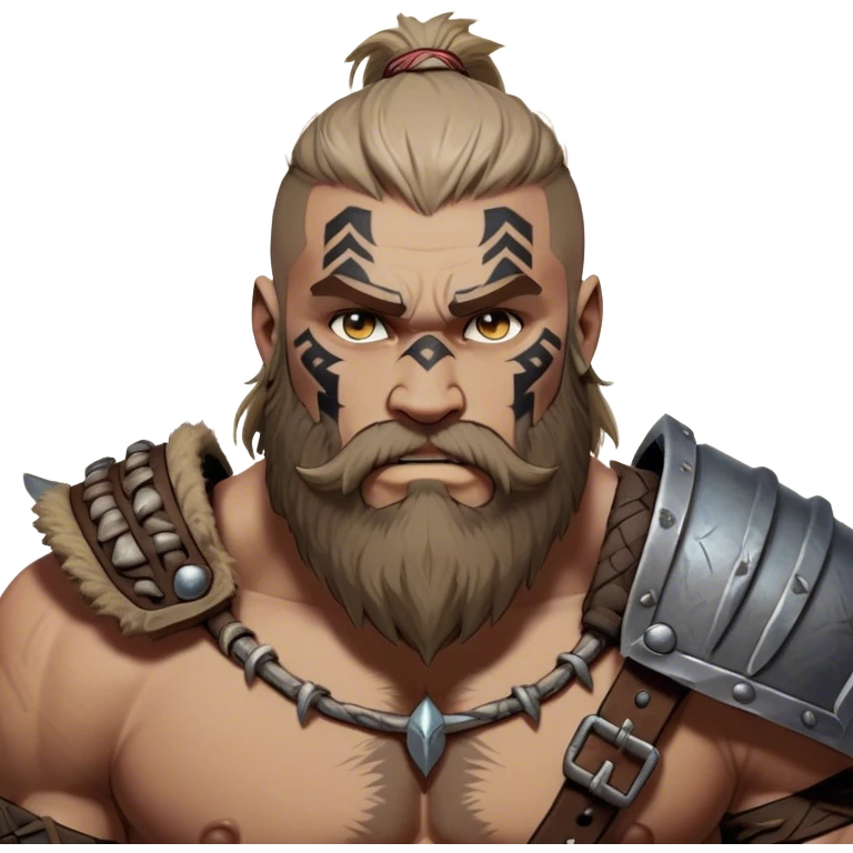 Clash of Clans aesthetic: Cinematic Rugged Barbarian Portrait Emoji, Intense and formidable with a heavily muscled physique, a rugged beard, piercing eyes and battle-worn armor adorned with tribal markings, his complexion a light tan that speaks of hard-fought battles, Simplified yet powerfully detailed features, highly detailed, glowing with a deep, primal energy, high shine, gritty and uncompromising, stylized with an air of raw, untamed power, focused and determined, soft glowing outline, capturing the essence of a barbarian warrior carved by countless battles and poised to lead his clan into epic conflict! emoji